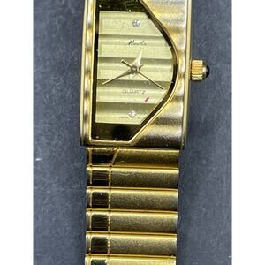 Vintage Moulin Quartz Diamond Watch Women Half Moon Black Gold Tone Tank 18mm